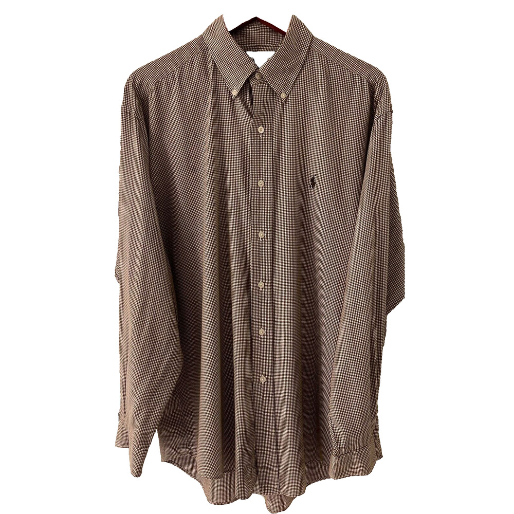 Ralph Lauren Golf Tilden 100% Cotton Button Shirt L Brown/Cream Small checks A+